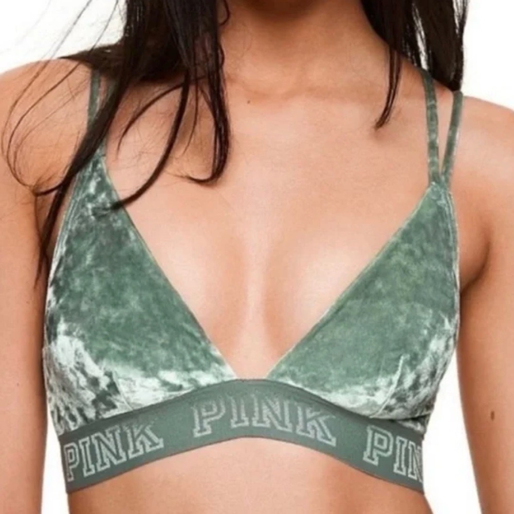 Victoria’s Secret PINK Triangle Cup Unlined‎ Velvet Bralette Sz Small Moss Green